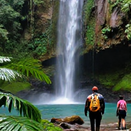 Caribbean Holidays, Grenada Adventure Holidays, Hikers walking beneath tropical rainforest beside a waterfall in Grenada, with wet green leaves and natural pools