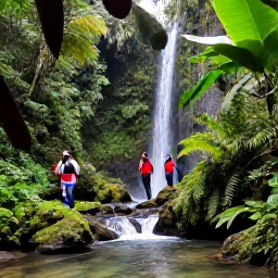 Caribbean Holidays, Grenada Adventure Holidays, Hikers walking through Grenada's tropical rainforest towards a waterfall, with broad leaves, ferns and a clear forest stream