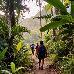 Caribbean Holidays, Grenada Adventure Holidays, Hikers walking through lush Grand Etang rainforest in Grenada, tropical plants, mountain trail and soft morning light