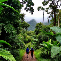 Caribbean Holidays, Grenada Adventure Holidays, Hikers walking through lush Grand Etang rainforest in Grenada, with towering trees, tropical plants, misty hills and a natural trail