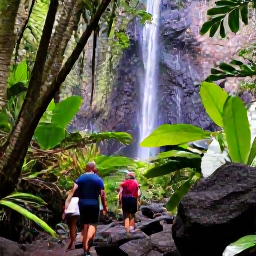 Caribbean Holidays, Grenada Adventure Holidays, Hikers walking through lush rainforest towards a waterfall in Grenada, with tropical plants, volcanic rocks and filtered sunlight