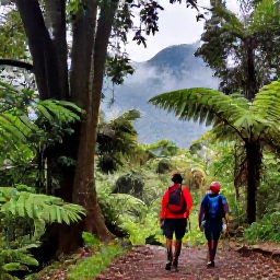 Caribbean Holidays, Grenada Adventure Holidays, Hikers walking through the Grand Etang rainforest in Grenada, with giant trees, ferns and misty mountain scenery