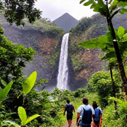 Caribbean Holidays, Grenada Adventure Holidays, Hikers walking through tropical rainforest towards a cascading waterfall in Grenada, with lush foliage and volcanic hills