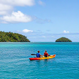 Caribbean Holidays, Grenada Adventure Holidays, Kayaker paddling across clear blue Caribbean water near Grenada's green coastline, with small islands in the distance