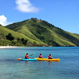 Caribbean Holidays, Grenada Adventure Holidays, Kayakers paddling along a calm tropical coastline with green hills and small coves in Grenada