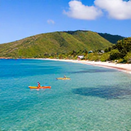 Caribbean Holidays, Grenada Adventure Holidays, Kayakers paddling along Grenada&rsquo;s calm coastline past a secluded beach, green hills and clear turquoise water