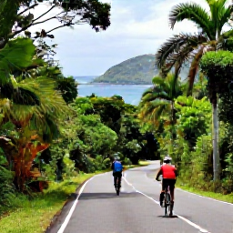 Caribbean Holidays, Grenada Adventure Holidays, Mountain bike riders travelling along a scenic Grenadian road with rainforest, hills and Caribbean sea views