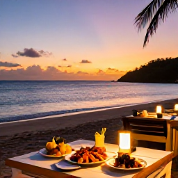 Caribbean Holidays, Grenada Adventure Holidays, Relaxed evening at a Grenada beachfront restaurant, warm lights, fresh seafood and calm sea at sunset