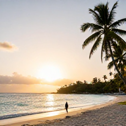Caribbean Holidays, Grenada Adventure Holidays, Relaxed traveller enjoying Grand Anse Beach in Grenada at sunset, with calm turquoise sea and palm trees