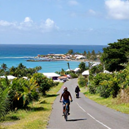 Caribbean Holidays, Grenada Adventure Holidays, Traveller cycling along a quiet Grenadian coastal road past spice gardens, fishing villages and blue sea