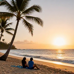 Caribbean Holidays, Grenada Adventure Holidays, Traveller relaxing on a quiet Grenada beach after an active day, with palm trees, gentle waves and golden evening light