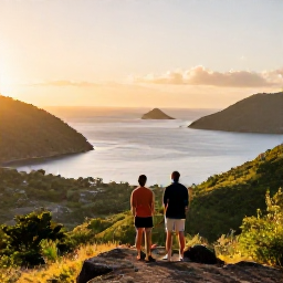 Caribbean Holidays, Grenada Adventure Holidays, Travellers enjoying a scenic coastal viewpoint in Grenada at golden hour, with hills, sea and a small island in the distance
