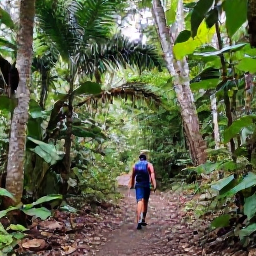 Caribbean Holidays, Grenada Adventure Holidays, Travellers hiking along a lush rainforest trail beneath tropical trees in Grenada&rsquo;s Grand Etang National Park