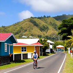 Caribbean Holidays, Grenada Adventure Holidays, Visitors cycling along a scenic Grenada coastal road near colourful houses and tropical hills, bright daylight