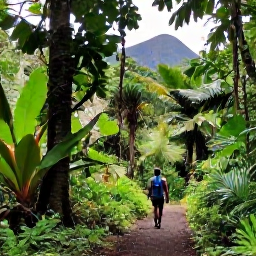 Caribbean Holidays, Grenada Adventure Holidays, Visitors hiking through Grenada's lush Grand Etang rainforest, with a forest trail, tropical plants, volcanic hills and filtered sunlight