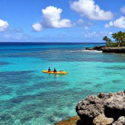 Caribbean Holidays, Grenada Adventure, Kayakers and snorkellers exploring clear turquoise water near Grenada's colourful coral reefs and rocky coastline