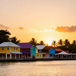 Caribbean Holidays, Grenada Adventure, Relaxed evening scene in St George's Grenada, with colourful waterfront buildings, local food and a warm sunset sky