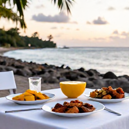 Caribbean Holidays, Grenada Adventure, Relaxed outdoor table serving Grenadian food and fresh fruit near the coast at sunset