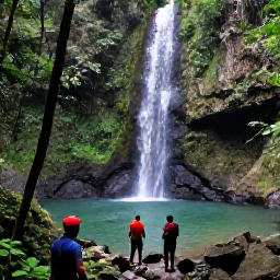 Caribbean Holidays, Grenada Adventure, Travellers hiking through dense tropical rainforest towards a clear waterfall in Grenada