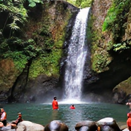 Caribbean Holidays, Grenada Adventure, Visitors swimming beneath a rainforest waterfall in Grenada, with smooth rocks and tropical greenery surrounding the pool