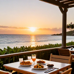 Caribbean Holidays, Grenada All Inclusive, A welcoming Grenada all-inclusive resort dining terrace at sunset, with Caribbean dishes and a view across the sea