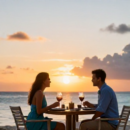 Caribbean Holidays, Grenada All Inclusive, Couple enjoying a sunset dinner at a Grenada all-inclusive resort overlooking the Caribbean Sea