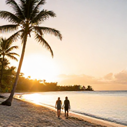 Caribbean Holidays, Grenada All Inclusive, Couple walking along a quiet Grenada beach at golden hour with palm trees and calm Caribbean water