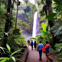 Caribbean Holidays, Grenada All Inclusive, Grenada rainforest trail with tropical plants, a small waterfall and visitors exploring the lush landscape