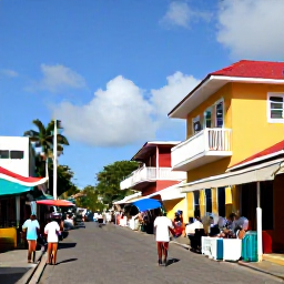 Caribbean Holidays, Grenada April Holidays, Colourful street scene in St George's, Grenada, with local people, market stalls and bright Caribbean buildings in April sunshine