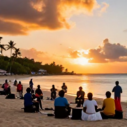 Caribbean Holidays, Grenada April Holidays, Grenada beach and coastal village at sunset with local musicians performing and visitors enjoying an evening gathering