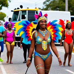 Caribbean Holidays, Grenada August Holidays, Busy carnival street in Grenada during the colourful Monday morning parade, with feathered costumes, music trucks and smiling visitors