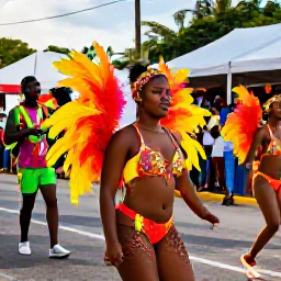 Caribbean Holidays, Grenada August Holidays, Colourful Grenadian carnival parade in St George's with dancers, musicians and spectators enjoying bright costumes in warm August sunshine