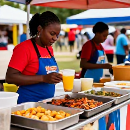 Caribbean Holidays, Grenada August Holidays, Friendly Grenadian food stall serving oil down, grilled seafood and tropical drinks at a lively August cultural festival