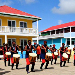 Caribbean Holidays, Grenada August Holidays, Traditional Grenadian drummers and dancers performing at an outdoor cultural festival beside colourful Caribbean buildings