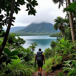 Caribbean Holidays, Grenada Backpacking, A backpacker hiking through lush rainforest towards Grand Etang Lake in Grenada, with tropical foliage, misty hills and a peaceful volcanic landscape