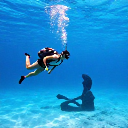Caribbean Holidays, Grenada Backpacking, A backpacker snorkelling over the Molinere Underwater Sculpture Park near Grenada, with clear blue sea and submerged sculptures visible below