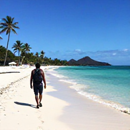Caribbean Holidays, Grenada Backpacking, A backpacker walking along a quiet Grenadian beach in April, with turquoise water, palm trees and volcanic hills in the distance