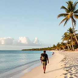 Caribbean Holidays, Grenada Backpacking, A backpacker walking along Grand Anse Beach in Grenada at sunrise, with calm turquoise water, palm trees and a relaxed Caribbean atmosphere