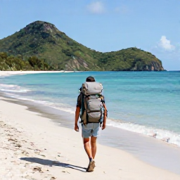 Caribbean Holidays, Grenada Backpacking, A backpacker with a light rucksack walking along a quiet Caribbean beach in Grenada during October, with green hills and calm blue water