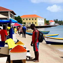 Caribbean Holidays, Grenada Backpacking, A colourful backpacker exploring St George's market and waterfront in Grenada, with spice stalls, fishing boats and pastel colonial buildings