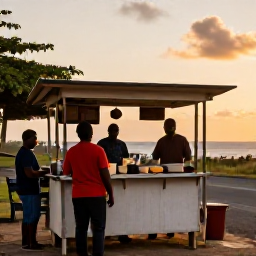 Caribbean Holidays, Grenada Backpacking, A friendly Grenadian roadside food stall serving oil down and fresh local dishes at sunset