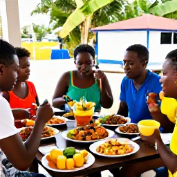 Caribbean Holidays, Grenada Backpacking, A friendly Grenadian street-food setting with fresh fruit, local dishes and travellers sharing a relaxed meal in October