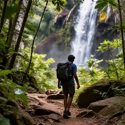 Caribbean Holidays, Grenada Backpacking, A hiker crossing a lush rainforest trail beside a waterfall in Grand Etang National Park, Grenada, in soft October sunshine