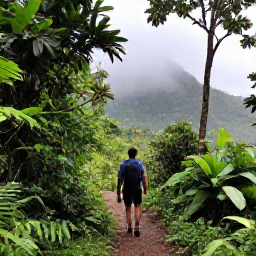 Caribbean Holidays, Grenada Backpacking, A hiker on a rainforest trail in Grand Etang National Park, Grenada, surrounded by lush vegetation and misty mountain scenery