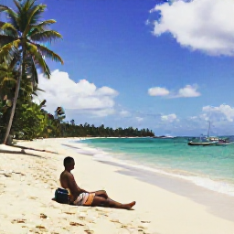Caribbean Holidays, Grenada Backpacking, Backpacker relaxing on a quiet Caribbean beach in Grenada with turquoise water, palm trees and fishing boats