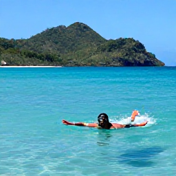 Caribbean Holidays, Grenada Backpacking, Backpacker swimming and snorkelling in clear turquoise water near Grand Anse Beach, Grenada, with lush hills in the background