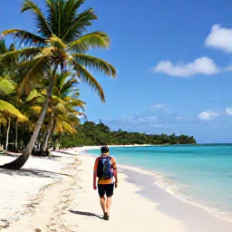Caribbean Holidays, Grenada Backpacking, Backpacker walking along a quiet Caribbean beach in Grenada during August, with palm trees and turquoise water