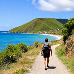 Caribbean Holidays, Grenada Backpacking, Backpacker walking along a quiet coastal trail with turquoise sea and green hills in Grenada