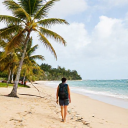 Caribbean Holidays, Grenada Backpacking, Backpacker walking along a quiet Grenadian beach in September, with palm trees, warm sea and low-key Caribbean scenery