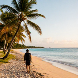 Caribbean Holidays, Grenada Backpacking, Backpacker walking along a quiet Grenadian beach with palm trees, turquoise water and warm morning light